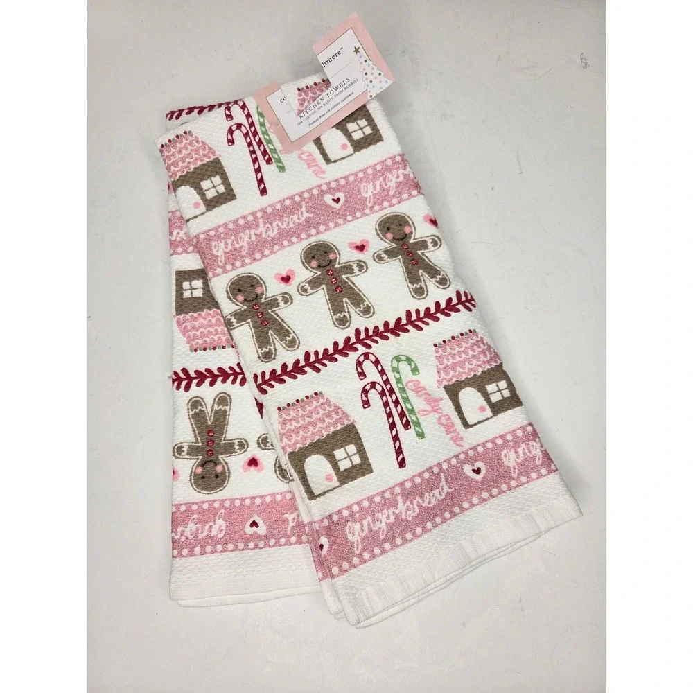 Cupcakes and Cashmere Pink Gingerbread Christmas Kitchen Towels Set of 2